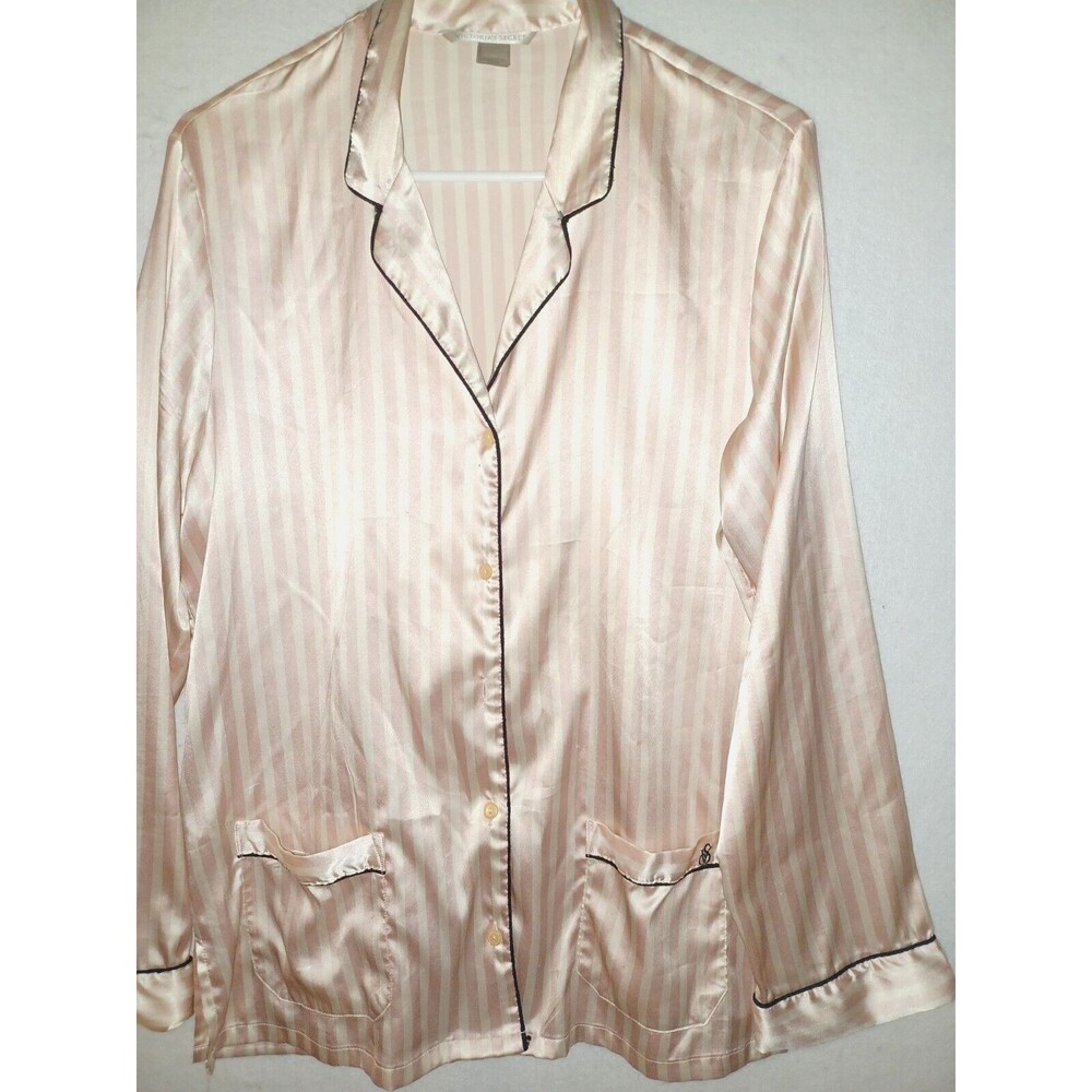 Victoria Secret Pajama Top Satin Sleep Shirt sz M Iconic Pink striped women's